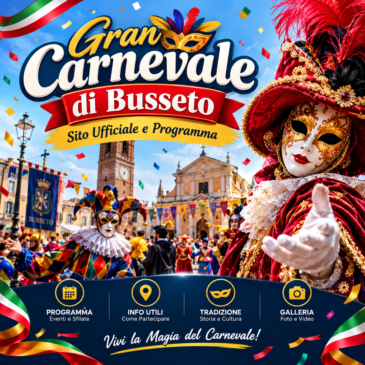 Carri allegorici del Gran Carnevale di Busseto sfilano per le vie del centro storico